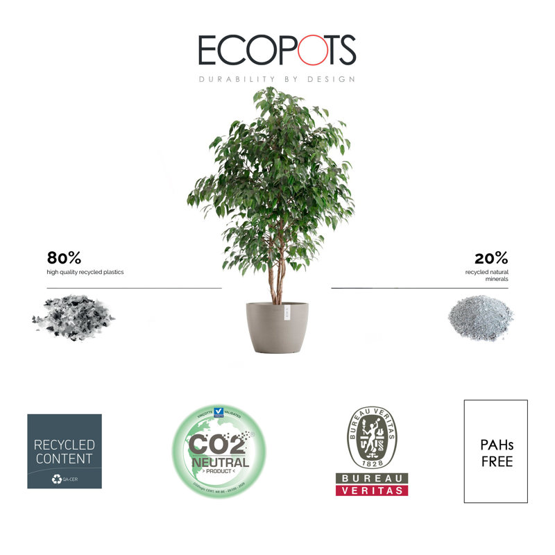Ecopots Stockholm Indoor/Outdoor Modern Recycled Plastic Flower Pot Planter, Taupe, 9" H x 12" W x 12" D