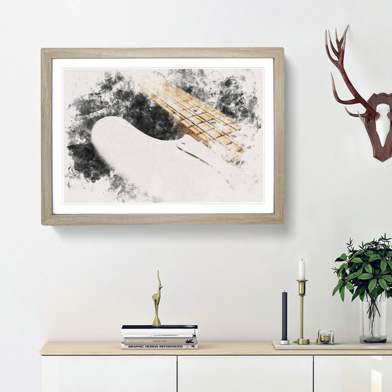 Strings of a White Bass Guitar - Picture Frame Graphic Art Print, Oak Framed, 45cm H x 63cm W x 2cm D