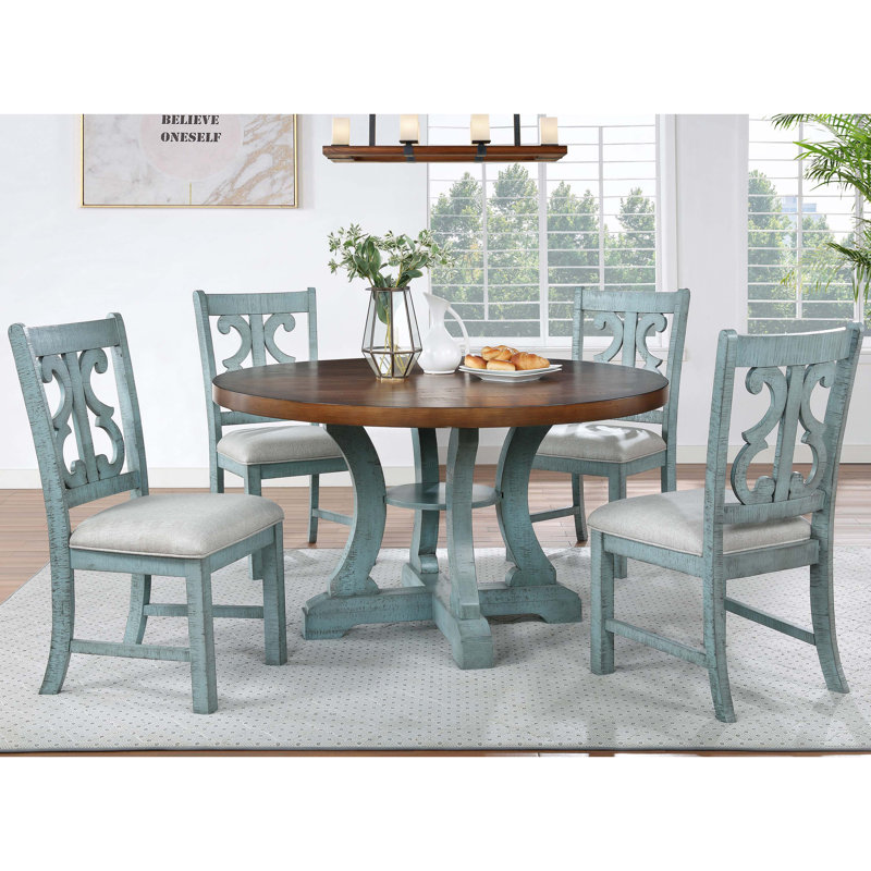 Joanie Dining Set, Brown/Teal/Teal, 5 Pieces: Table, 4 Chairs