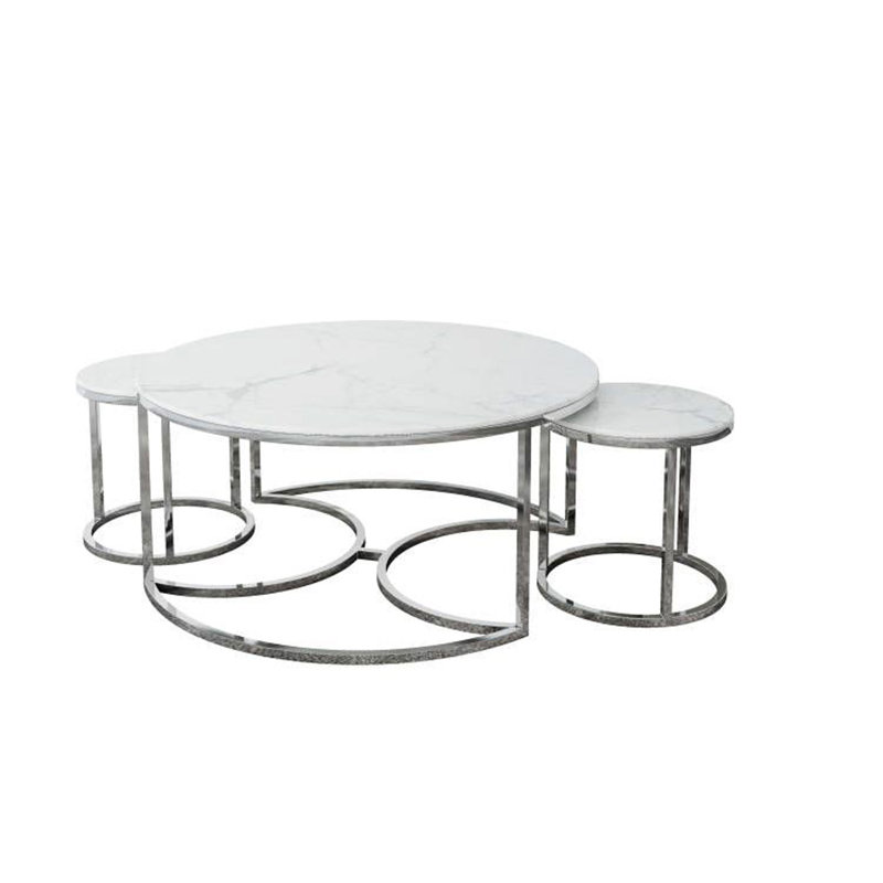 Woden 3 - Piece Marble Top Living Room Table Set, White/Silver