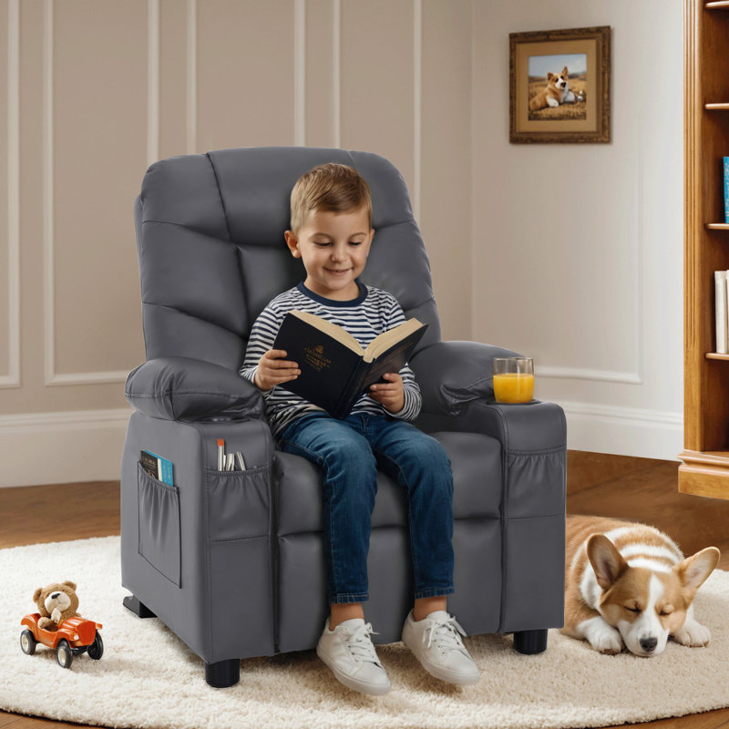 Goggans Kids Recliner with Anti-Tilt, Cup Holder, Gray