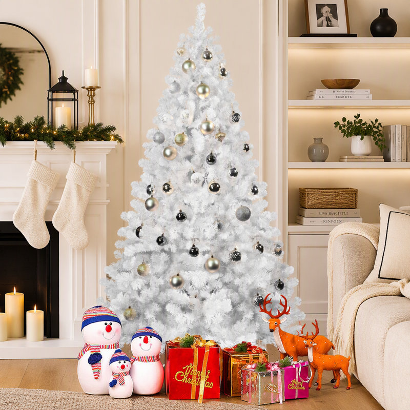 Sapin de Noël artificiel blanc de 2,74 mètres (9 pieds) avec branches en fil de fer à mémoire de forme et assemblage articulé pour décoration intérieure des fêtes