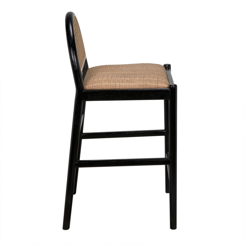 Black and Natural Wood Counter Stool with Rattan Backrest
