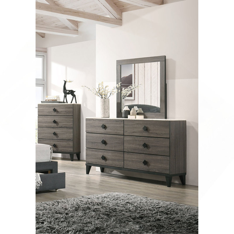 Commode de meuble de chambre à coucher moderne de conception moderne avec 1 seule poignée de poignées et 6 tiroirs avec plateau de rangement en faux marbre gris
