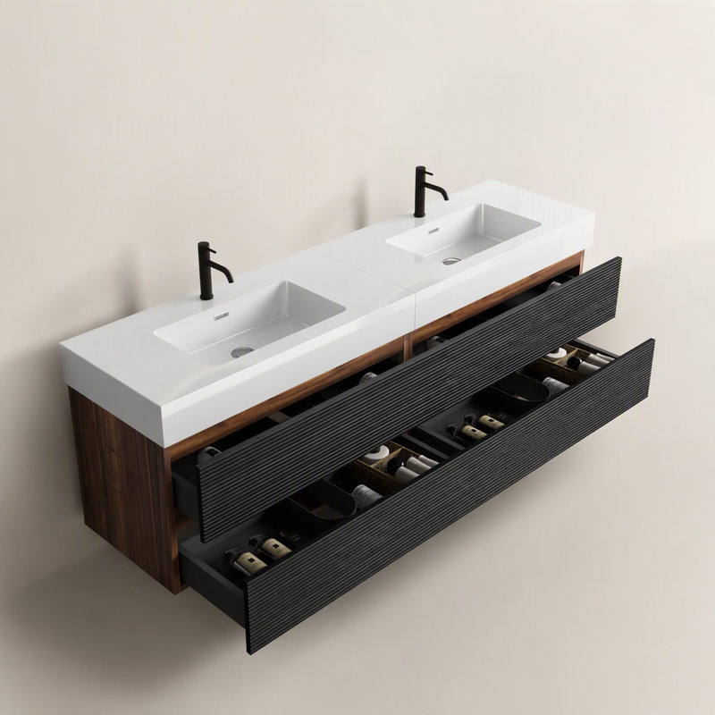 Meuble-lavabo de 72 po (36 po * 2) avec lavabo à surface solide d'ingénierie noir mat et tiroirs noirs Grace, meuble-lavabo mural flottant, lavabo une pièce blanc brillant, KD