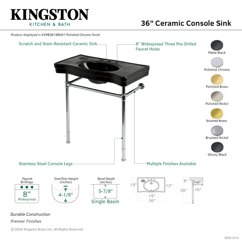 Lavabo console en laiton 36 pouces avec pieds en acier inoxydable Kingston Kingston Imperial (8 pouces, 3 trous), Noir