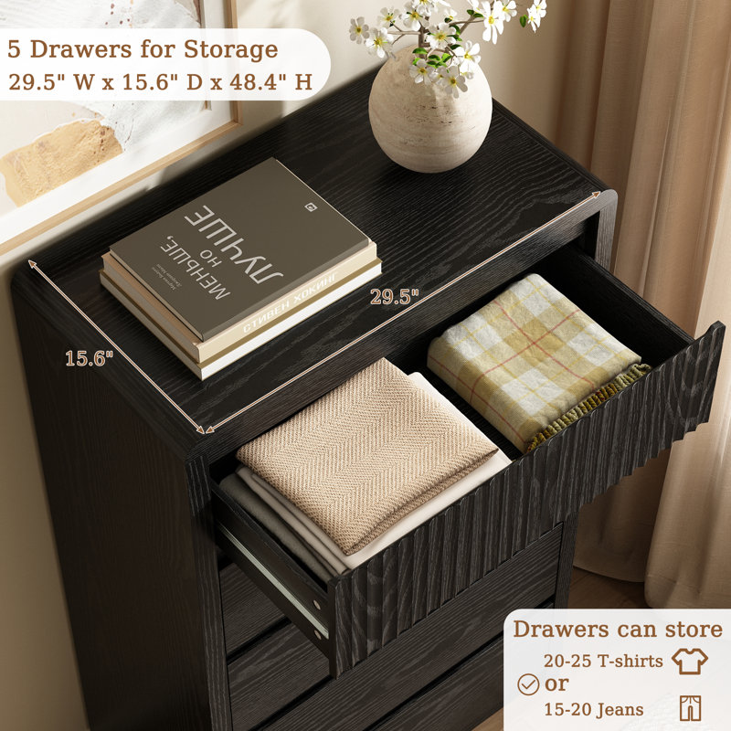 Modern 5 Fluted Drawers Dresser For Bedroom, 48.4" Tall Dressers & Chests Of Drawers W/curved Design, Black