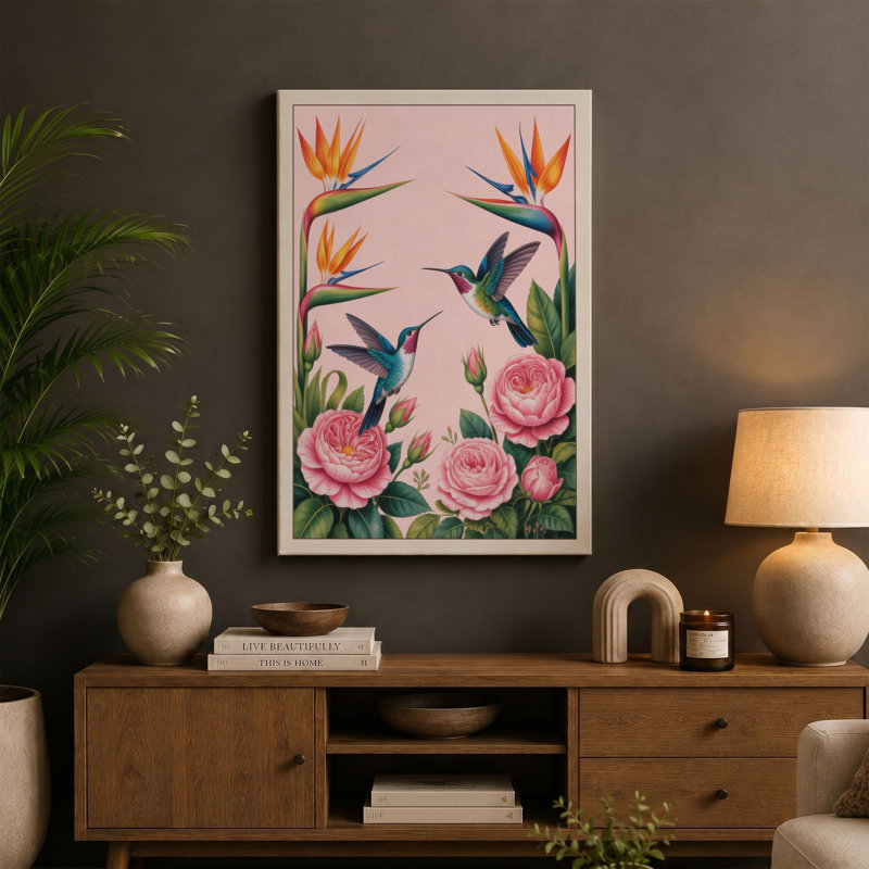 Hummingbirds and Blooms Botanical - Wrapped Canvas, 30x20 - 76.2 x 50.8 cm, White Border
