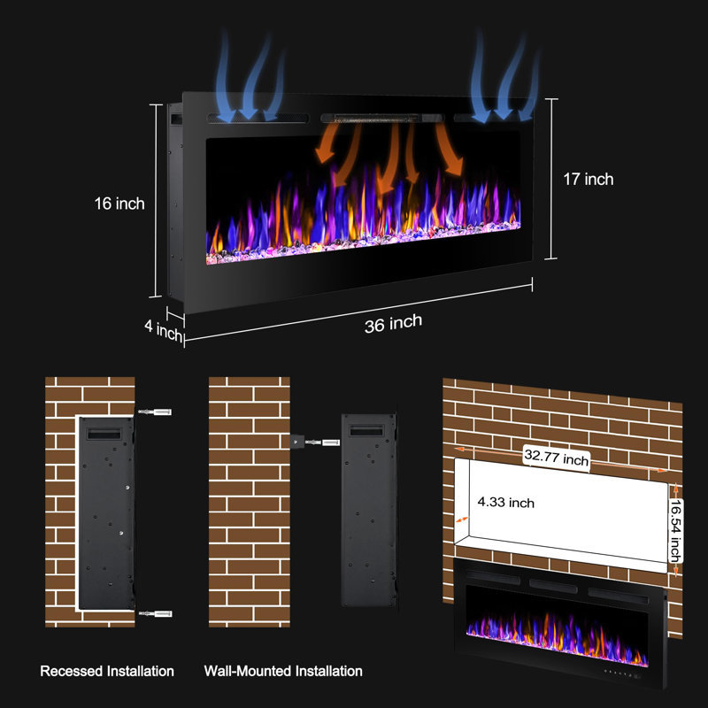 Electric Fireplace Wall Mounted, 17" H x 36" W x 4" D