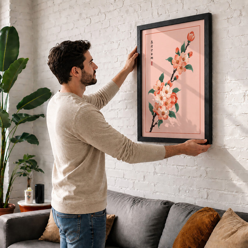 Coral Blossom Branch Japandi - Framed Print, A3 - 42.0 x 29.7 cm, Oak