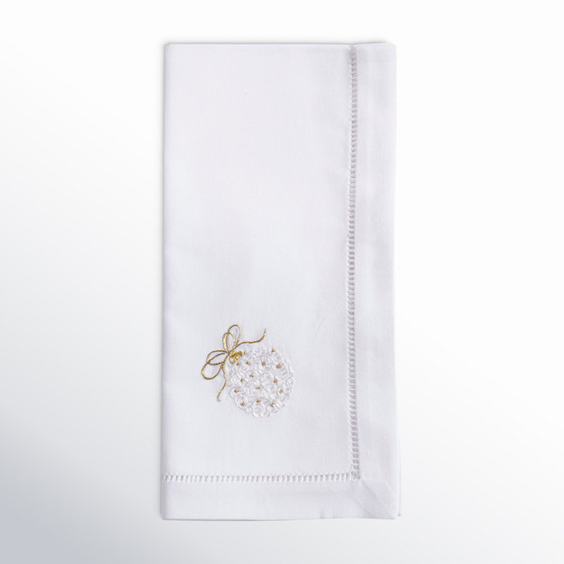 White Cotton Embroidered Christmas Ornament Napkins, Set of 6