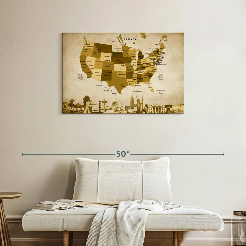 Carte des États-Unis en bronze Aliaz, H 24 po x l 36 po