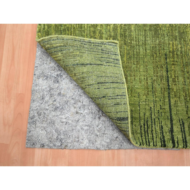 Tapis oriental vert 4 pi 1 po x 6 pi 3 po en laine nouée à la main douce et vibrante, motif dégradé vertical, tissage dense