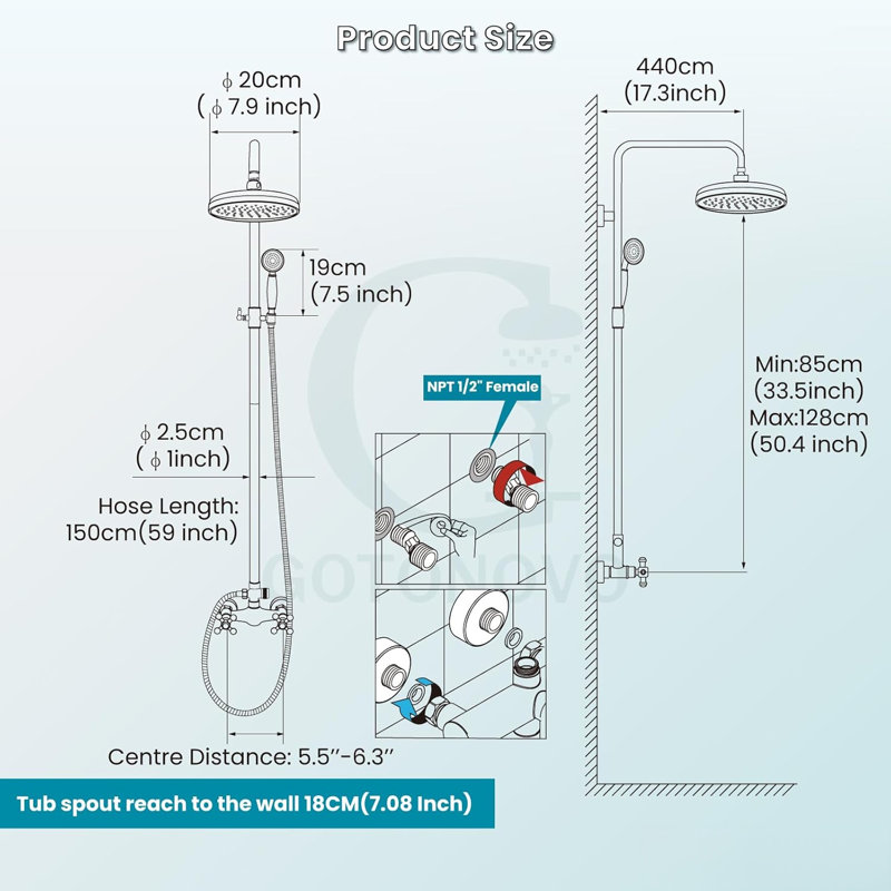 Traditional Exposed Rain Shower System with Handheld Spray, 8'' Wall Mounted Brass Shower Fixture with Adjustable Straight Riser and Cross Handles
