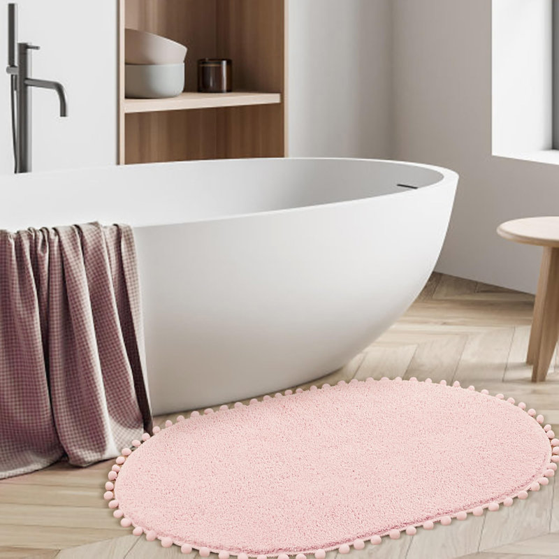 Yirddeo Bath Mat Oval Rug With Pom, Boho Rugs For Bedroom And Bathroom With Non Slip, Single- 30" L x 20" W, Blush