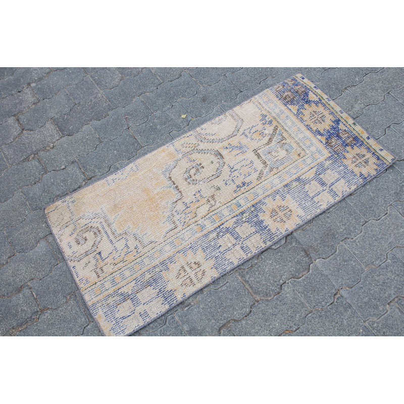 Tapis turc rétro bleu Oushak - Petit tapis en laine fait à la main, parfait pour une entrée ou une chambre d'enfant
