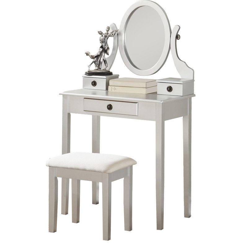 Silver Vanity Table And Stool - Wood Material, 3 Storage Drawers, Adjustable Mirror  Personal Care Makeup Stool, Drawer Storage, Beauty