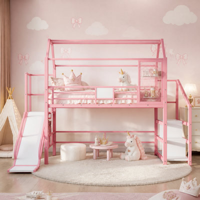 Lit mezzanine simple avec glissade et escalier, lit de jeu en métal avec tablettes de rangement