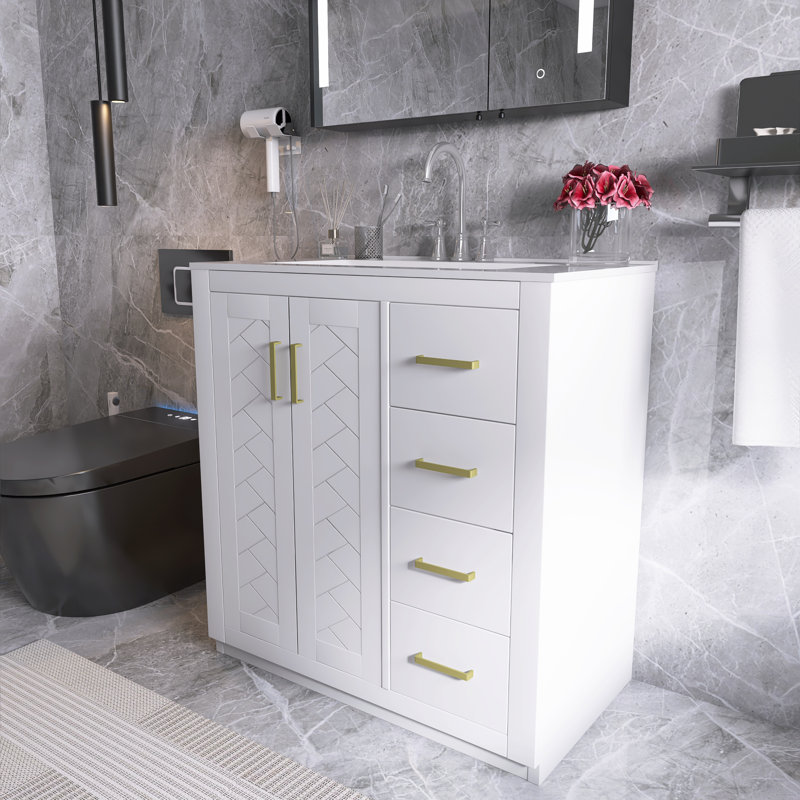 Ensemble de meuble-lavabo autoportant avec cadre en bois massif 30 po et plateau en céramique, Blanc