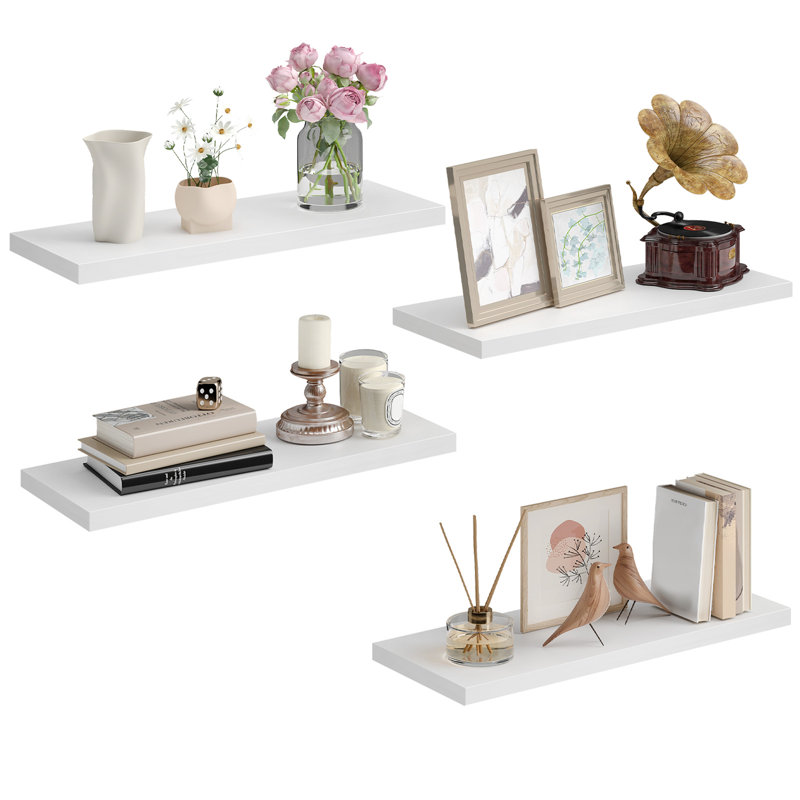  Ensemble de 4 tablettes murales flottantes blanches, présentoirs muraux modernes en bois pour salle de bain de chambre à coucher