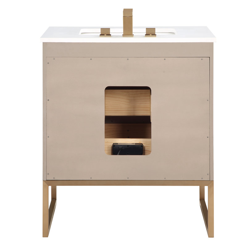 Markham 30'' W Single Vanity, Cashmere Gray, Satin Brass, Universal Calacatta Quartz