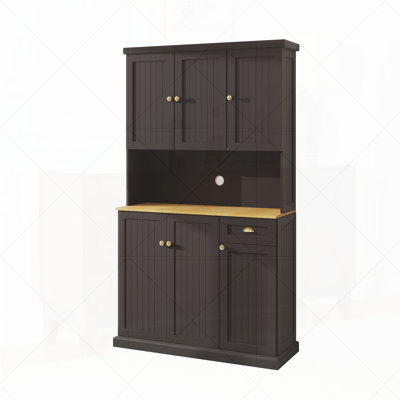 71" Kitchen Pantry Storage Cabinet with Microwave Oven Countertop, Freestanding Hutch Cabinet with Adjustable Shelves, 6 Doors and 1 Drawer-Black