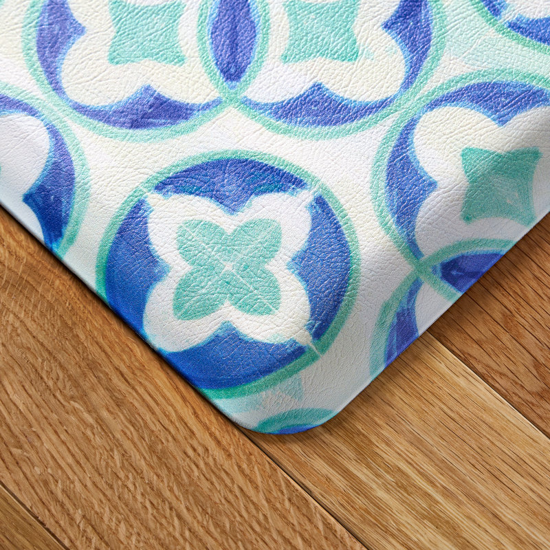 FIESTA Mali Tiles Geo Trellis Anti-Fatigue Comfort Non-Slip Kitchen Runner Mat, Blue/Aqua/White