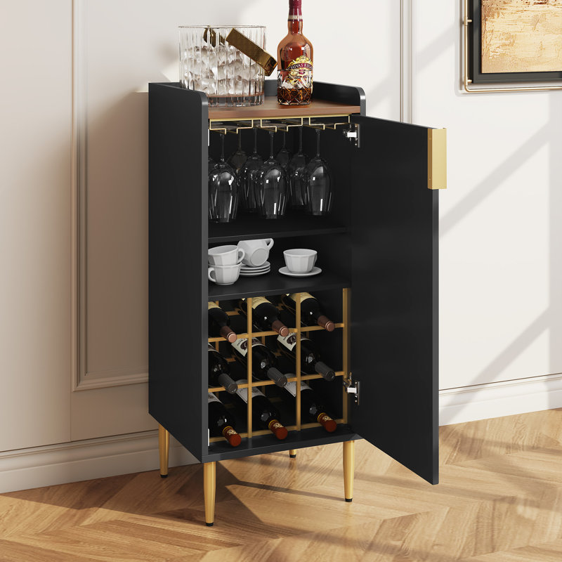 38" Modern Fluted Bar Cabinet, Small Liquor Cabinet with Wine Rack & Glass Holder, Black