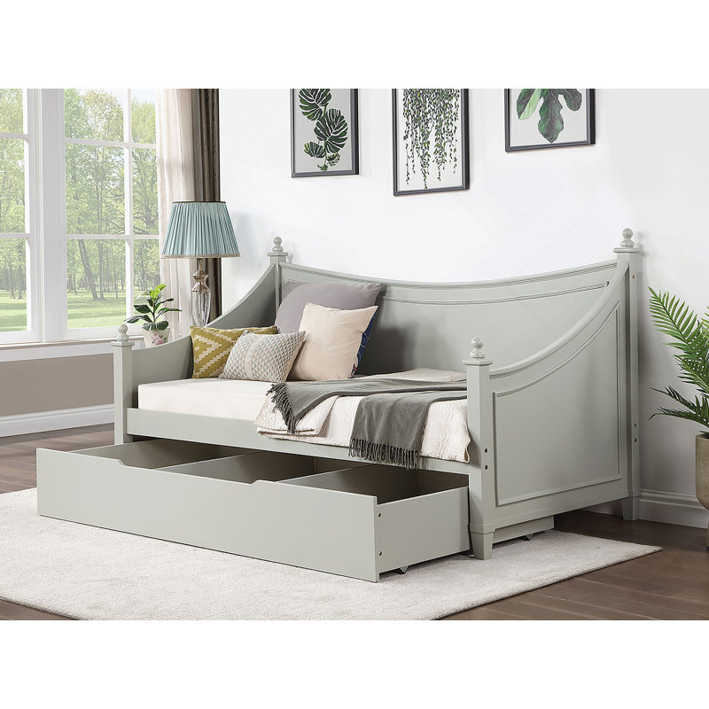 Transitional Style Twin Daybed Molding Design White Finish Mattress Ready Poster Design With Finials Solid Wood Structure