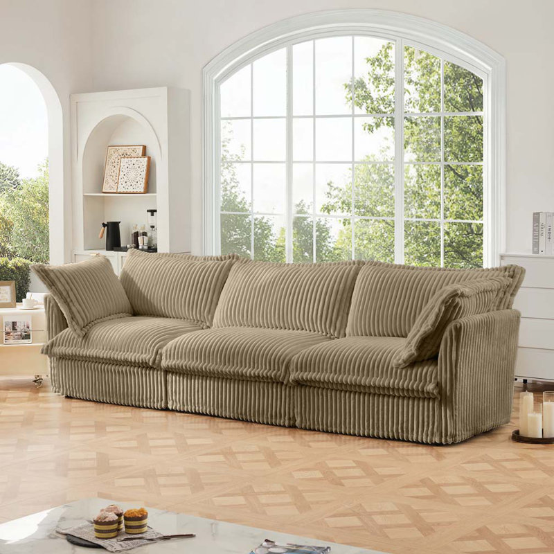 Jasiah 3-Seater Corduroy Sectional Sofa with Large Soft Pillows, Velours côtelé chameau, H 34,6 po x l 120 po x P 33 po