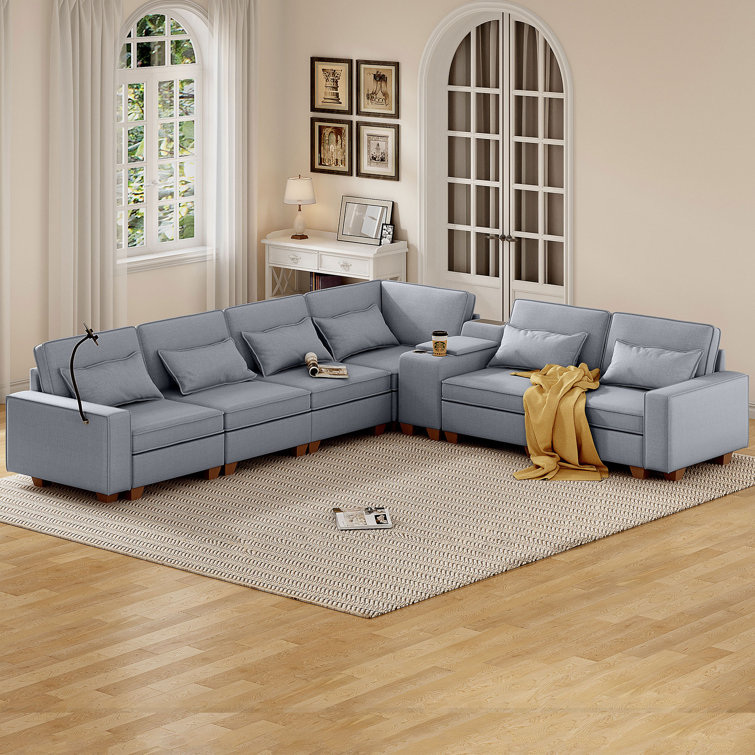 L-Shaped 6 Seats Modular Sectional Sofa with Storage Seats, Phone Holder and Console Table