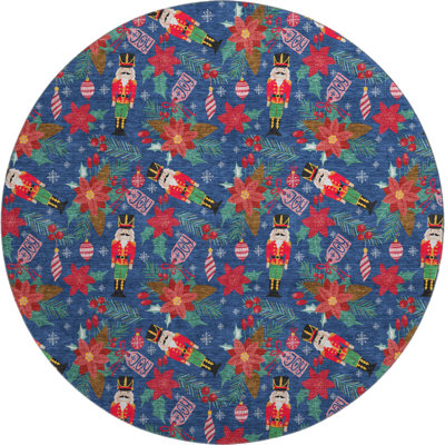 Premium Machine Washable Dockside AMF1822 Nutcracker and Poinsettia Rug