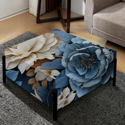 Toile florale exotique bleue et blanche I - grand repose-pieds carré floral