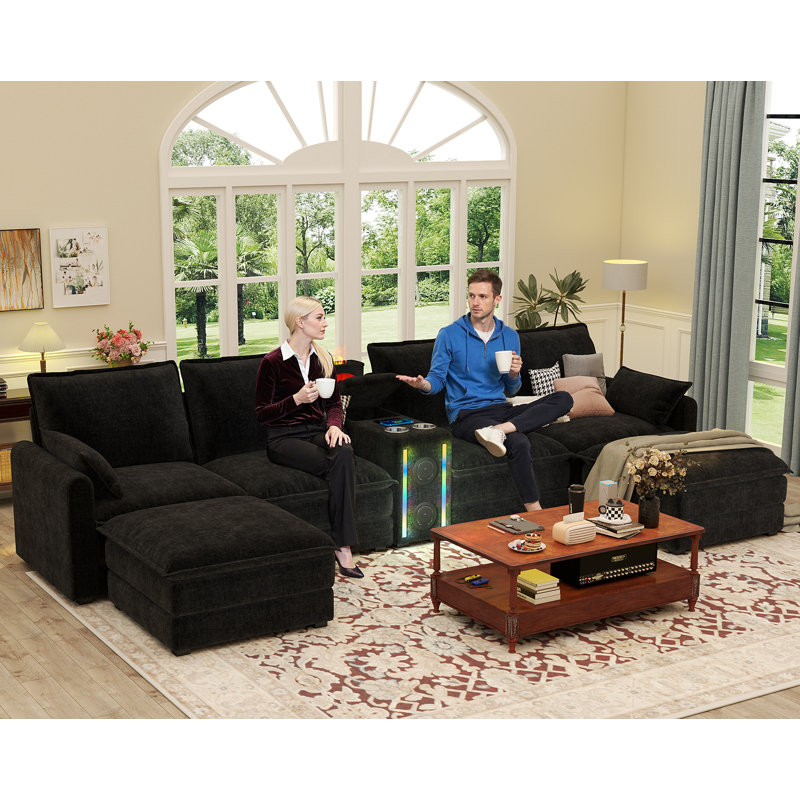 Canapé modulaire modulaire avec haut-parleur Bluetooth / lumière RVB / humidificateur / station de charge, canapé en U en chenille 6 places avec 2 repose-pieds mobiles pour le salon