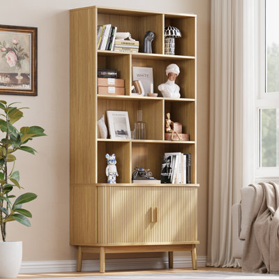 Bibliothèque de 71 po de hauteur avec armoire de rangement, bibliothèque autoportante Mid-Century avec porte coulissante Tambour et pieds en bois massif robustes