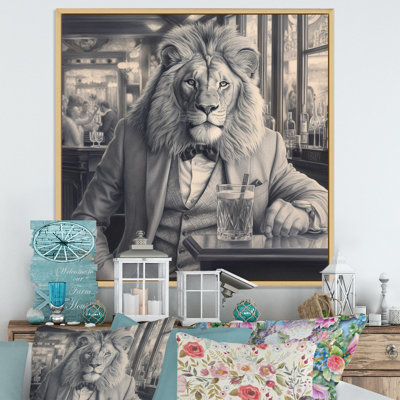 Lion ayant une boisson sur toile