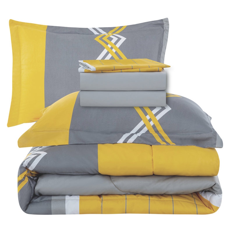 Full Gray and Yellow Microfiber Bed in a Bag Set
