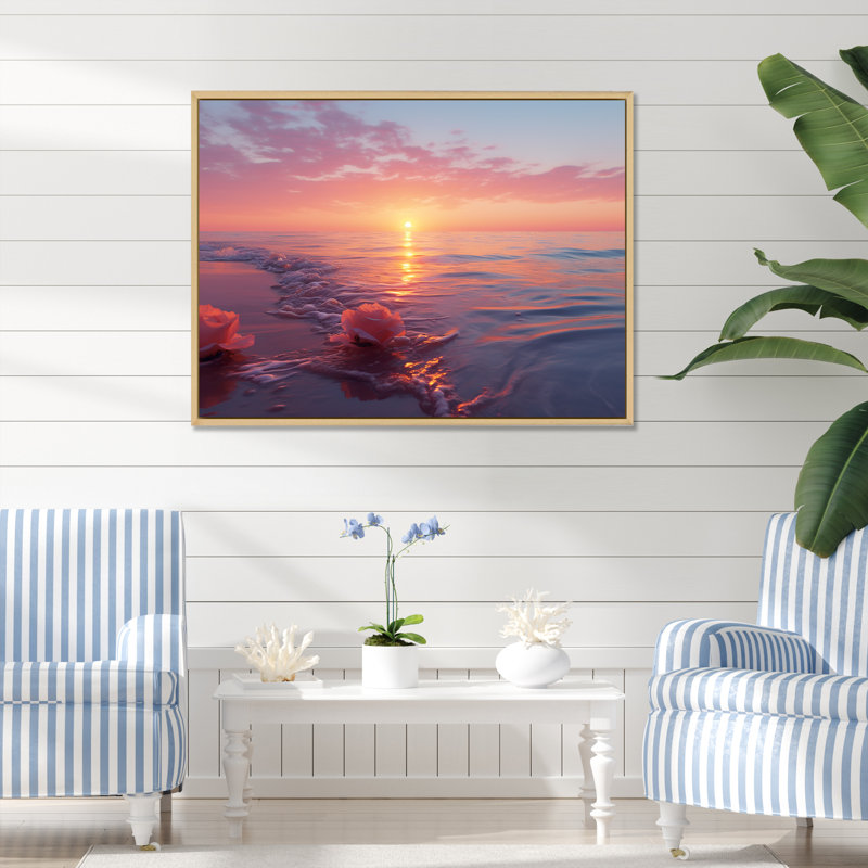 «Beach Cotton Candy Sunset Skies I» - art mural coucher de soleil côtier, H 24 po x l 32 po x P 1 po, Cadre flottant brun