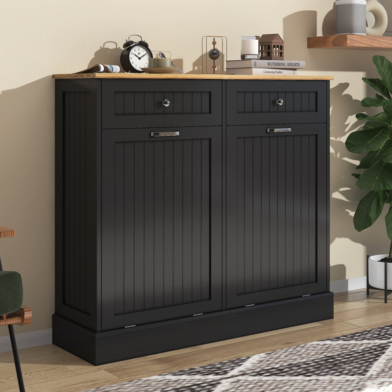 Armoire à déchets inclinable sur pied, armoire à linge de cuisine autoportante à l'épreuve des animaux de compagnie avec planche à découper, tiroirs de rangement pour déchets