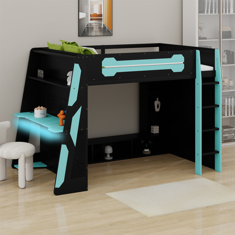 Lit mezzanine en bois avec bureau, tablettes multiples et lumière RVB, Bleu nuage