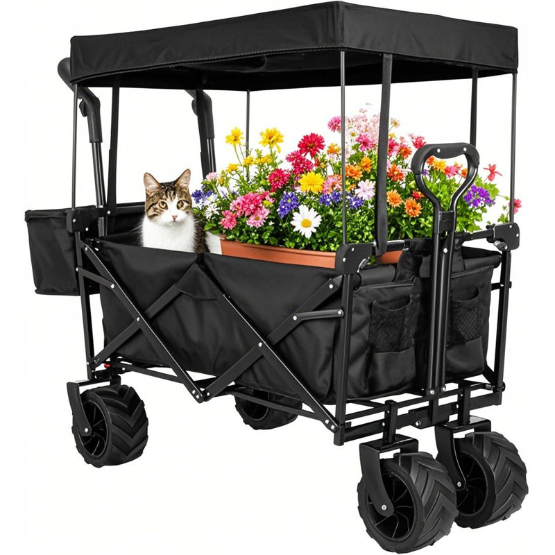 Extra Large Collapsible Wagon W/removable Canopy, 250lbs Foldable Garden Cart W/rear Storage, Big Wheel&adjustable Handles