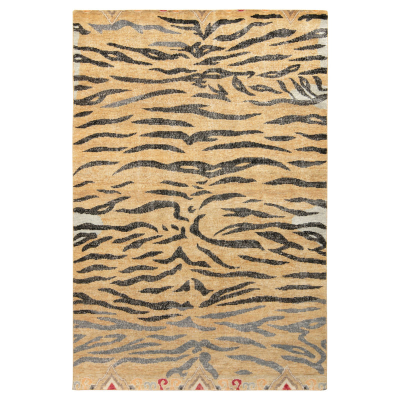Distressed Homage Hand Knotted Wool Animal Print Area Rug in Black, Beige, Brown, Orange, Gray, Blue, Rectangle 13' x 18'