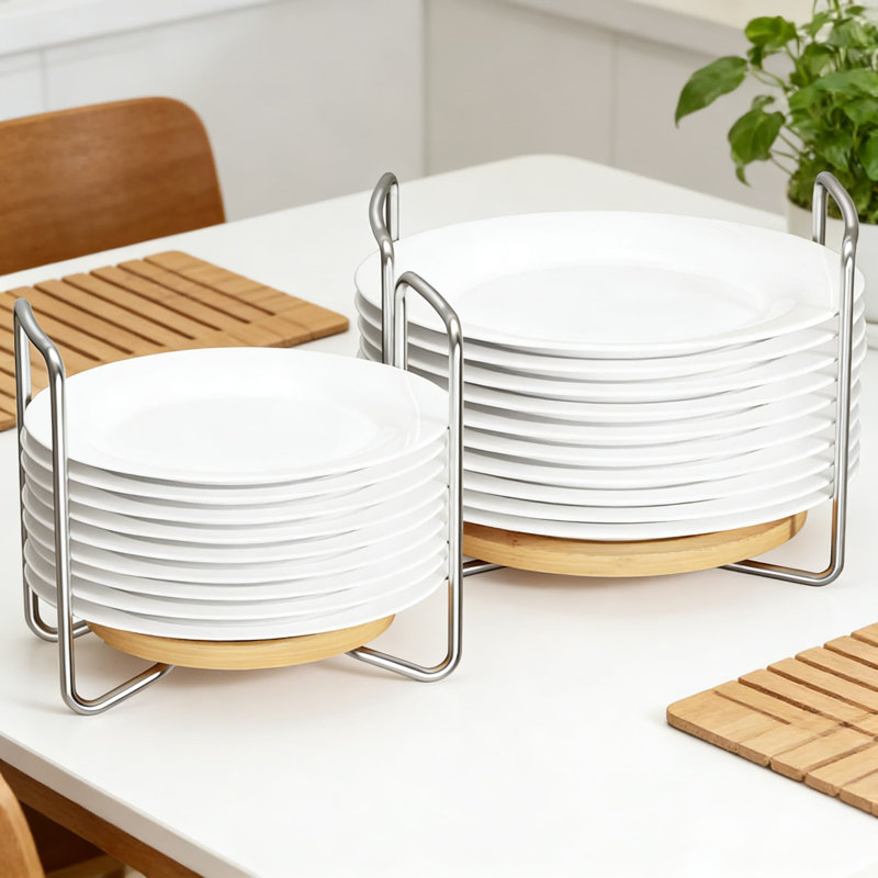 Bamboo And Stainless Steel Plate Organizer Rack, Adjustable Dish Holder For Kitchen Drawer And Cabinet Storage, Space-Saving Design With Portable Handle