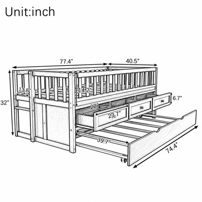 Lit mezzanine avec lit gigogne et 3 tiroirs de rangement, lit mezzanine en bois pour enfants avec garde-corps pour garçons