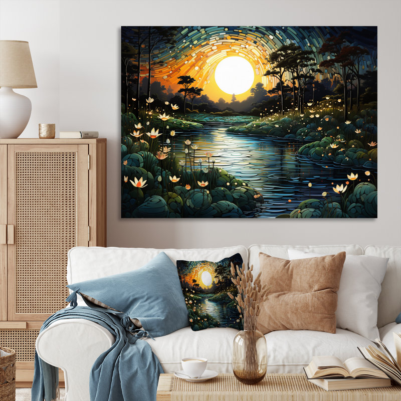 River Pointillism Charm At Night III, reproduction d'art sur toile, Toile tendue, H 34 po x l 44 po x P 1,5 po