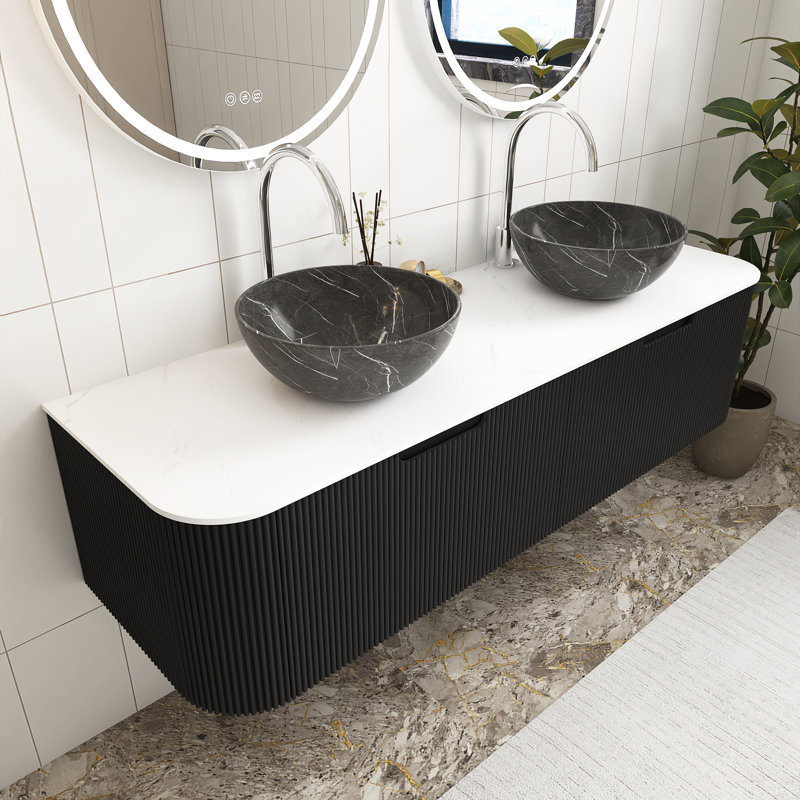 Meuble-lavabo mural 60 po 60 po noir pré-assemblé avec 2 lavabos en céramique