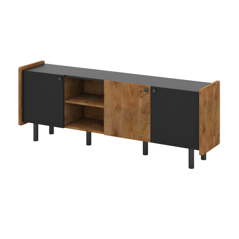 Meuble télé Mid-Century avec 3 armoires, panneau supérieur et poignée, Noir / brun