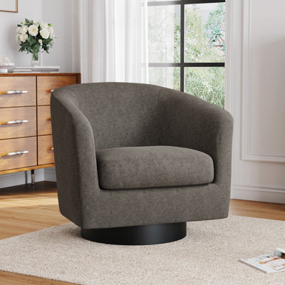 Applewold Upholstered Tan Chenille Swivel Barrel Chair with Solid Wood Base