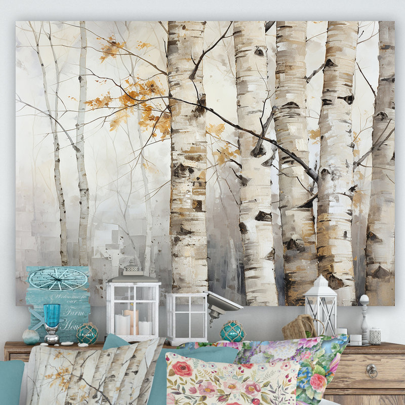 Argent et bouleau beige, beauté en bois I - arbre, art mural, 24" H x 32" W, Toile tendue
