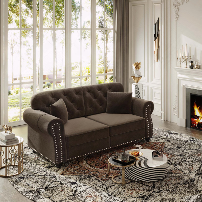 Velours Chesterfield canapé garniture cloutée capitonnée, Brun